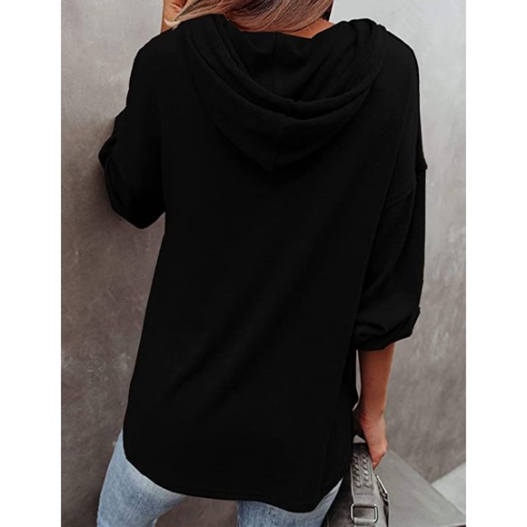 LuckyMore Hoodie Casual V Neck Long Sleeve Henley Oversized Top Womens L Black - Picture 6 of 15